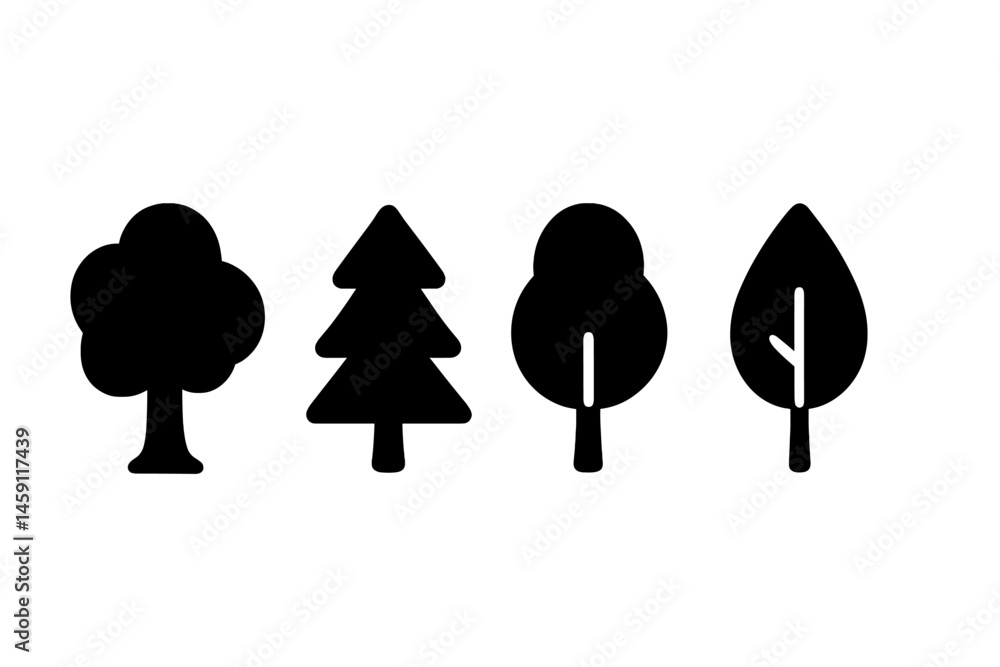 Poster vector illustration icons of various tree shapes and sizes for use in nature and environment themed 