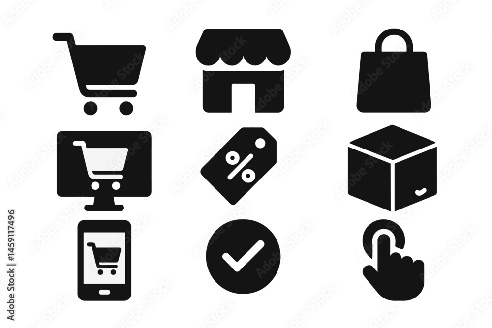 Poster vector illustration icons representing online shopping activities, emphasizing e-commerce features a