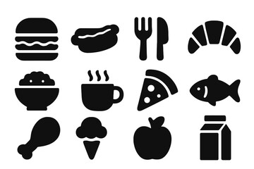 Icons representing various food items and utensils, illustrating diverse culinary themes and mealtime activities in a minimalist design