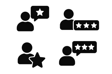 Vector icon set depicting user ratings and reviews through star symbols and speech bubbles in a minimalist style