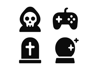 Vector illustration icon set featuring a skull, game controller, tombstone, and crystal ball for Halloween festivities