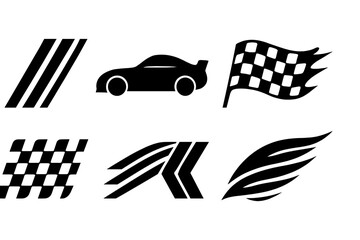 Vector illustration of racing icons including a car silhouette and checkered flag for motorsports themes