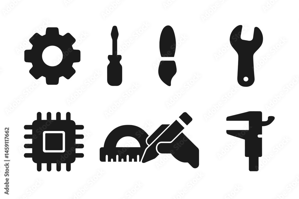 Poster collection of vector illustration icons depicting tools and design elements for engineering and crea