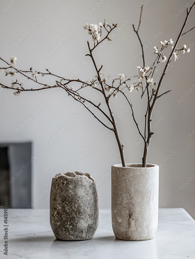 Leinwandbilder Minimalist home decor featuring a flowering branch in two stone vases on a marble table, creating a serene and elegant atmosphere. : Generative AI