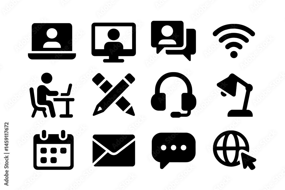 Poster positive symbols representing remote work and online communication in a modern workspace