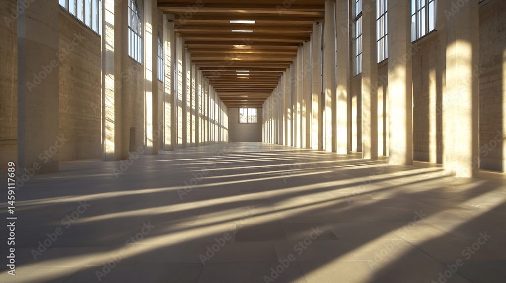 Poster sunlit modern hallway with concrete pillars and large windows, casting long shadows on the floor. a 