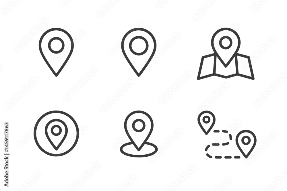 Poster exploring a collection of vector illustration icons representing location markers and navigation sym