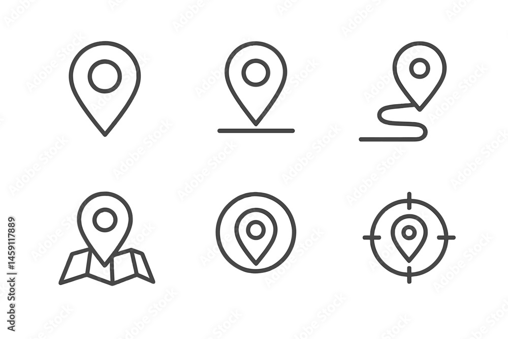 Poster vector illustration icons depicting various map markers for location identification and navigation