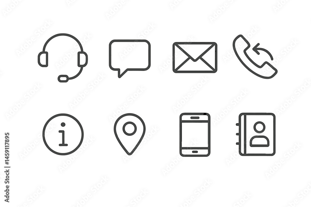 Poster collection of customer service vector icons featuring communication tools and information sources