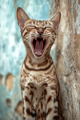 Fototapeta premium Funny close-up of a tabby cat with its mouth wide open, possibly mid-laugh or scream, captured indoors. A playful and expressive image ideal for pet memes, cat branding, or humorous content.