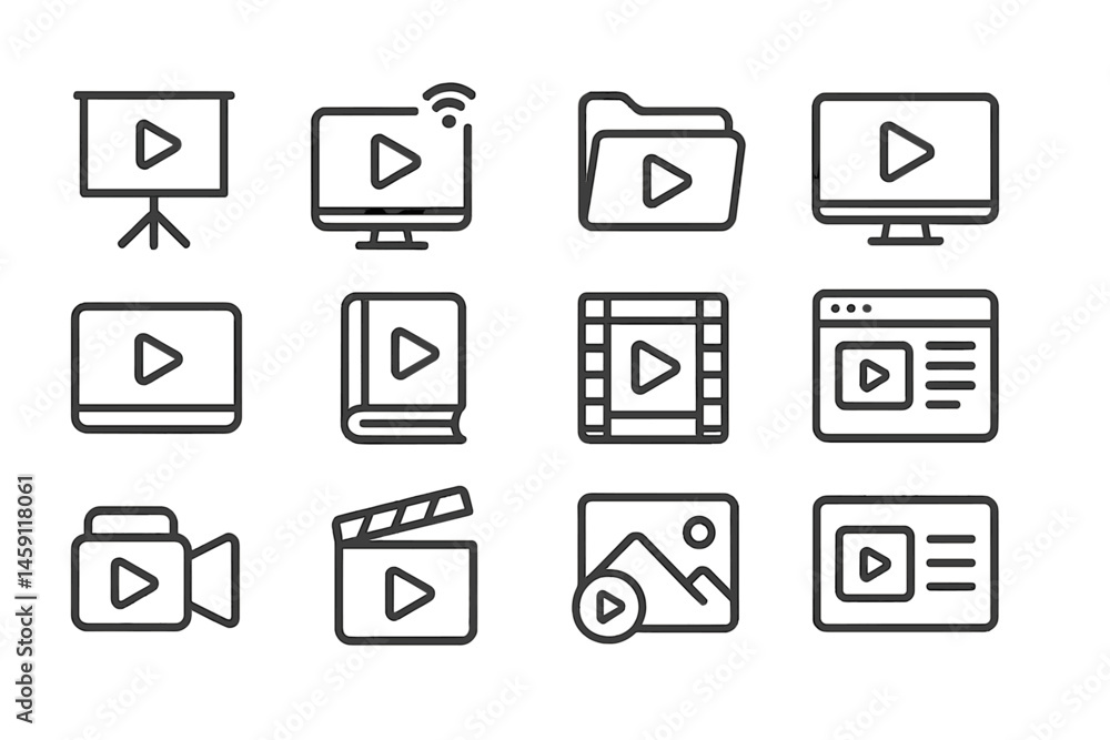 Poster vector illustration icons representing various multimedia elements including video, presentations, a