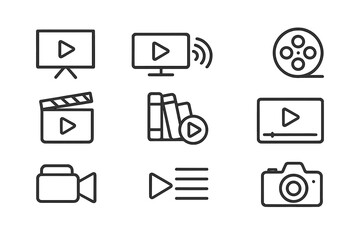 Vector illustration of multimedia icons for video production and playback tools featuring screens, cameras, and films