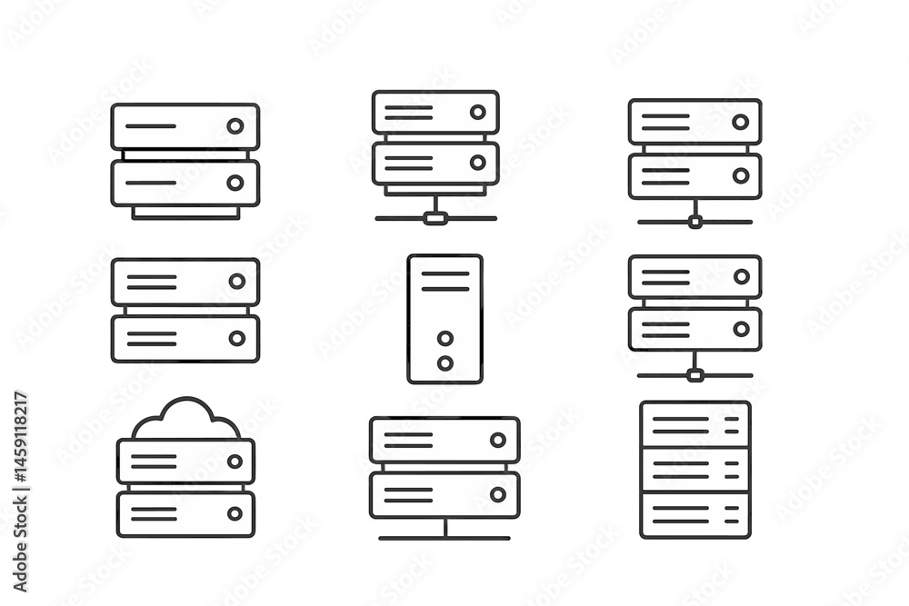 Aufkleber vector illustration icons depicting server storage systems, cloud computing, and data management in 