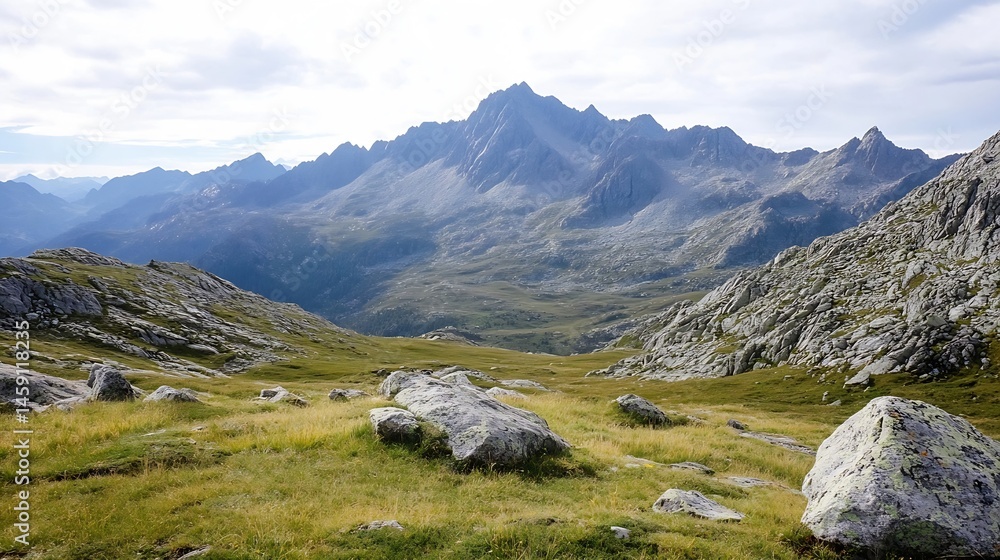 Aufkleber majestic mountain range viewed from a grassy valley, showcasing rugged peaks and scattered boulders 