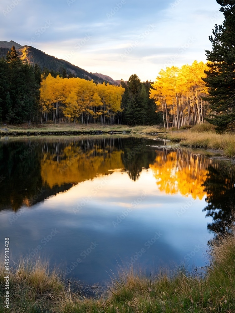 Poster golden aspen trees reflected in a calm lake at sunset, creating a serene autumnal landscape in the m