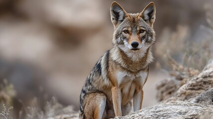 Obraz premium A lone coyote sits perched on a rocky outcrop, its gaze fixed directly at the viewer, showcasing its striking coat of brown, tan, and black fur against a blurred desert background. : Generative AI