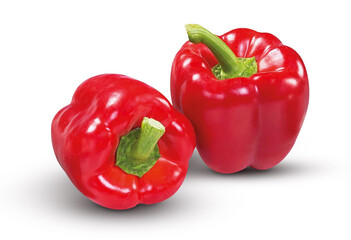 Two Bright Red Bell Peppers on White