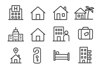 Vector illustration of various building icons representing hotels, houses, and travel activities for tourism and hospitality