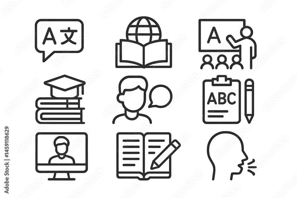 Poster educational vector icons showcasing language learning and teaching tools for diverse learning enviro