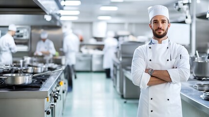 Obraz premium Confident male chef stands arms crossed in a modern restaurant kitchen, other chefs working in the background. : Generative AI