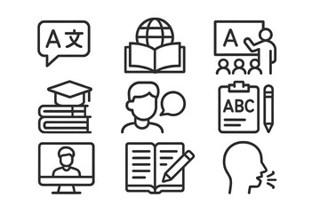 Educational vector icons showcasing language learning and teaching tools for diverse learning environments and activities