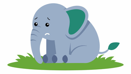 Naklejka premium Sitting Elephant An elephant sitting on the ground with its back hunched. The ears are bent and floppy and the mouth is turned into a deep frown. The elephants trunk hangs limply