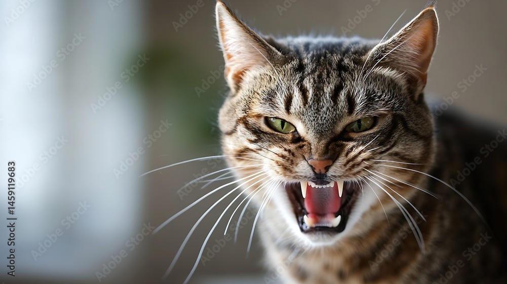 Poster close-up portrait of an angry tabby cat with its mouth open, showing teeth and pink tongue. the cat'