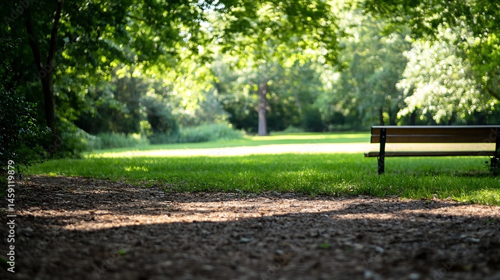 Poster serene park scene featuring a wooden bench under dappled sunlight, surrounded by lush green grass an