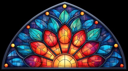 Colorful Radiating Leaf Stained Glass Window Design