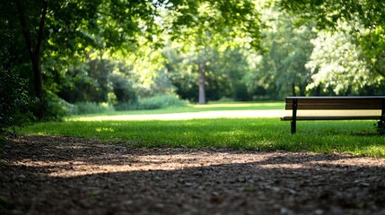 Serene park scene featuring a wooden bench under dappled sunlight, surrounded by lush green grass and trees, creating a peaceful atmosphere. : Generative AI