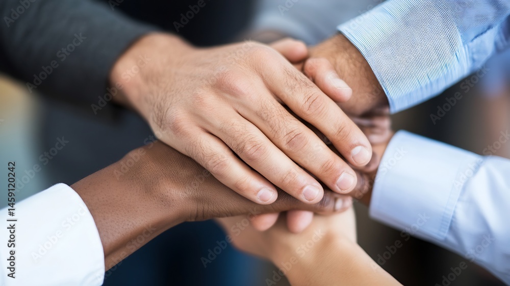Poster diverse hands stacked together, symbolizing unity, teamwork, and collaboration in a business setting