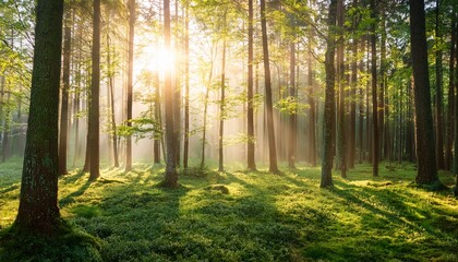 Obraz premium beautiful spring morning in forest with tall trees golden sunlight shining through branches soft mist fresh green grass peaceful natural landscape