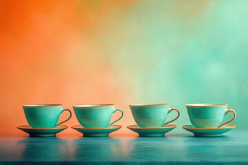 Four teal teacups with gold rims sit on saucers against a vibrant orange and teal background.