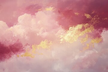Abstract painting of soft clouds in rose and gold hues.