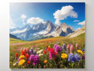 "Stunning Flower Field with Majestic Mountains in the Background"