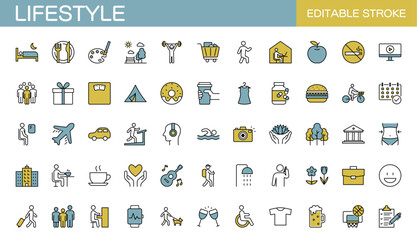 Fototapeta premium Lifestyle icon set. Nutrition, diet, entertainment, personal development, daily routine, and more. Editable stroke. Vector illustration