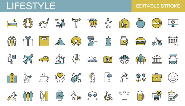 Lifestyle icon set. Nutrition, diet, entertainment, personal development, daily routine, and more. Editable stroke. Vector illustration