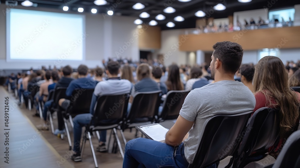 Poster attentive audience member sits in a large lecture hall, listening intently to a presentation on a sc