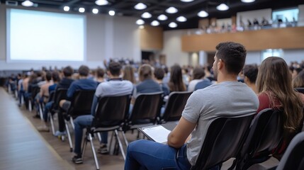 Fototapeta premium Attentive audience member sits in a large lecture hall, listening intently to a presentation on a screen, surrounded by many other people. : Generative AI
