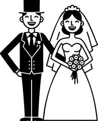 Smiling Wedding Couple with Top Hat and Bouquet Illustration