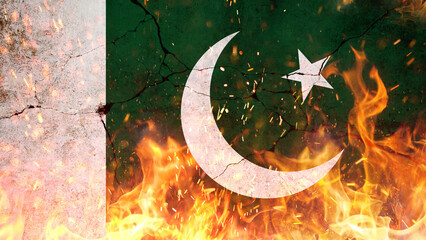 Palestinian flag on fire with flames and sparks on cracked concrete wall. Revolution in Palestine, concept. Freedom and patriotism. Economic crisis, creative. War Palestine