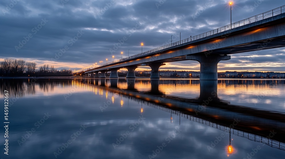 Poster modern bridge spanning a calm river at twilight, reflecting lights and clouds in the still water. th