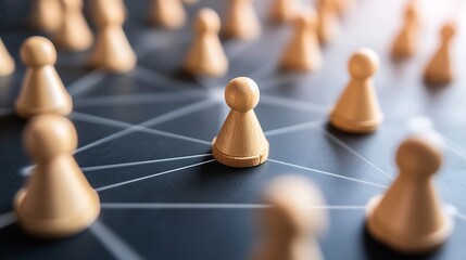 Wooden pawns arranged on a dark surface, interconnected by lines, representing a network or social connections.  A central pawn highlights a key node or individual within the system. : Generative AI