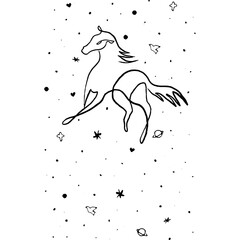 Minimalist line drawing of a horse surrounded by stars and planets, blending elegance with cosmic elements, perfect for art, astrology, and fantasy-themed designs.