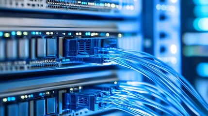 Close-up view of fiber optic cables connected to a server rack, showcasing the intricate network infrastructure and data transfer technology. : Generative AI