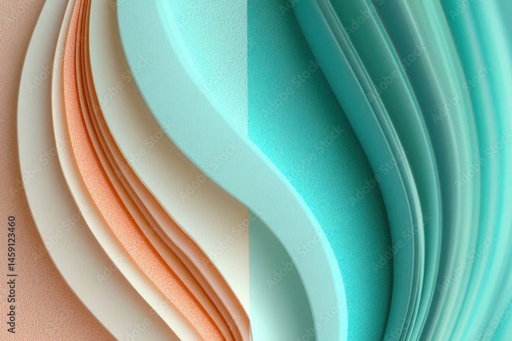 Poster abstract layers of textured paper in soft peach and teal colors create a flowing, wave-like pattern.