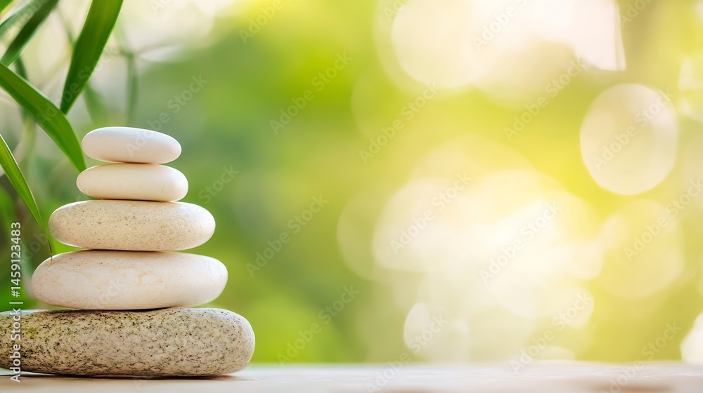 Poster serene stack of white stones on grey base, peaceful zen garden setting with green bokeh background, 