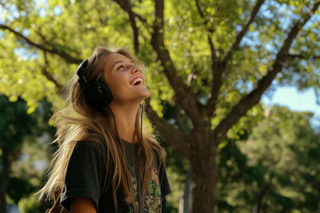 Fototapeta premium A carefree teenager listening to music and enjoying nature on a sunny day. 