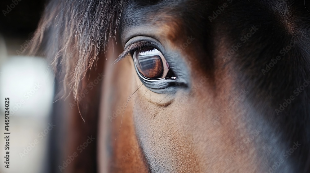 Poster close-up of a brown horse's eye, showcasing its expressive gaze and the intricate details of its eye