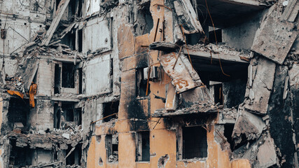 ruined street and destroyed houses in Ukraine